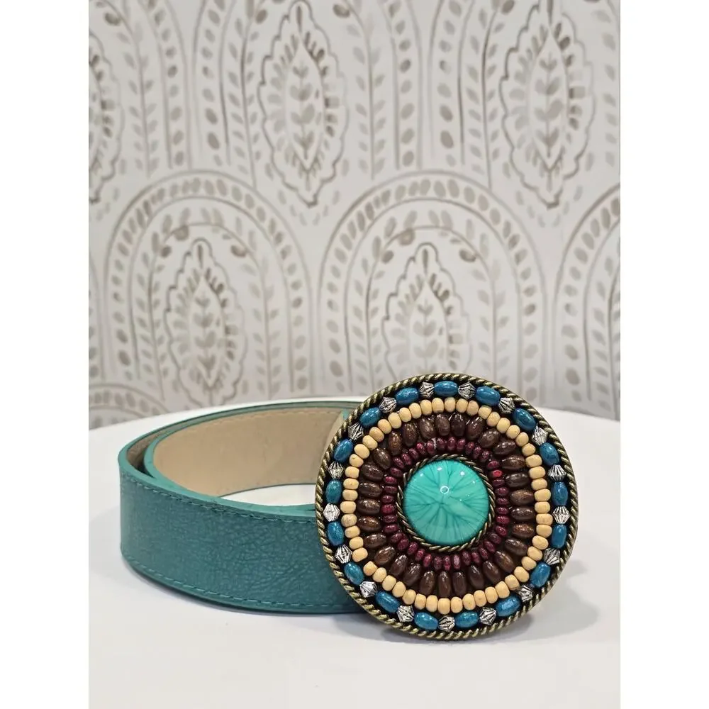 Vintage Womens Medium Belt Western Cowgirl Turquoise Teal Beaded Large Concho
